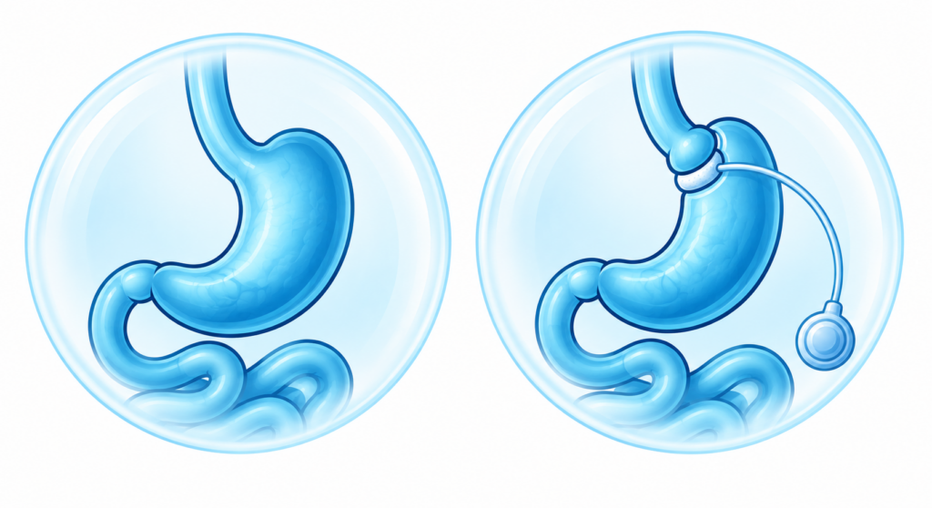 Comparaison de l’anatomie digestive normale et après la pose d’un anneau gastrique ajustable