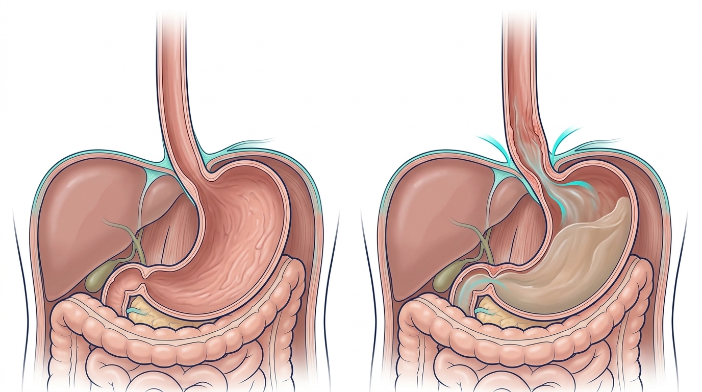 Comparaison entre une jonction œsogastrique normale et un reflux du contenu gastrique dans l'œsophage