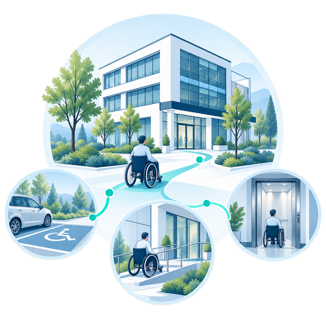 Illustration de l’accès au cabinet du bâtiment Corjon pour une personne à mobilité réduite avec stationnement adapté, rampe d’accès et ascenseur