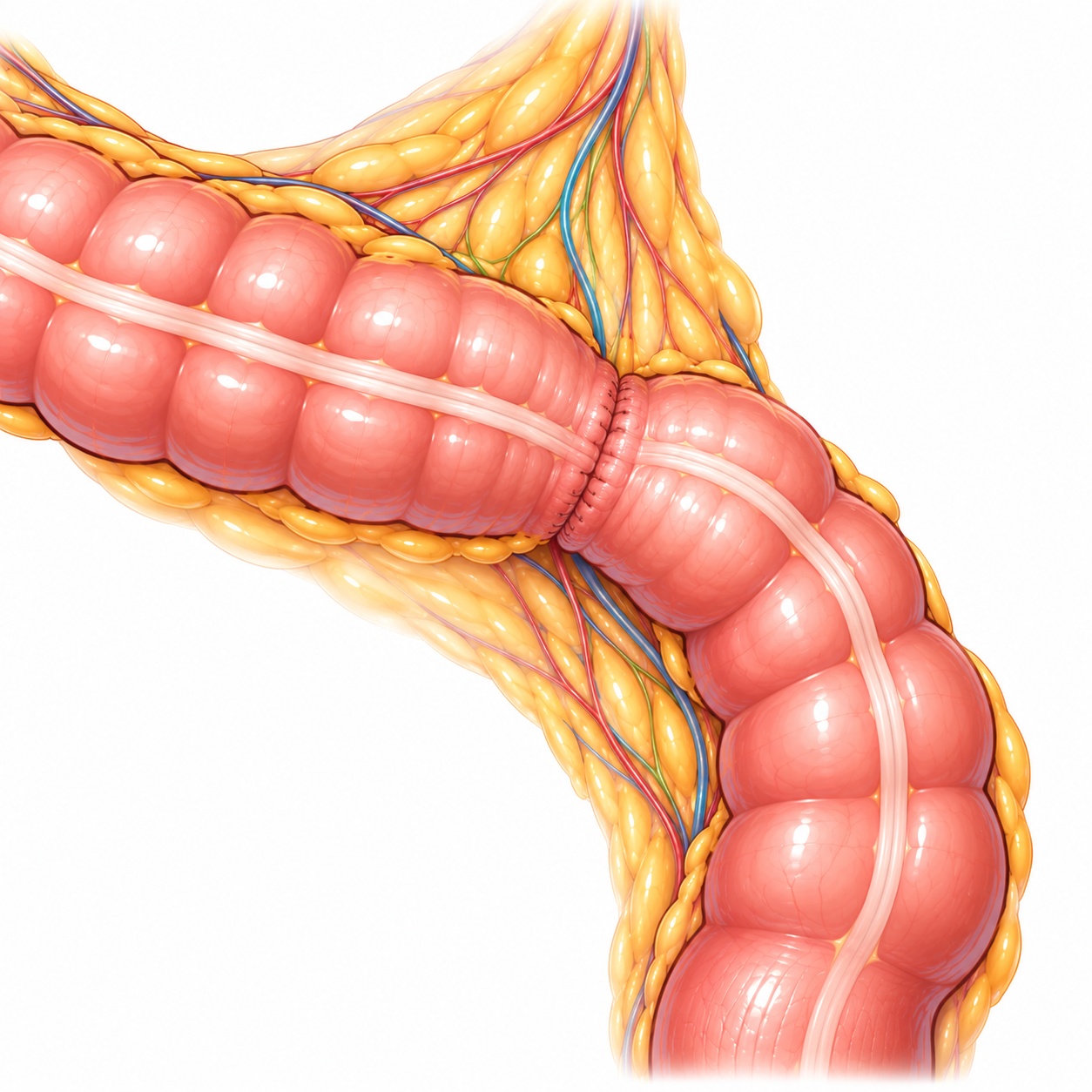 Illustration du rétablissement de la continuité digestive après une colectomie