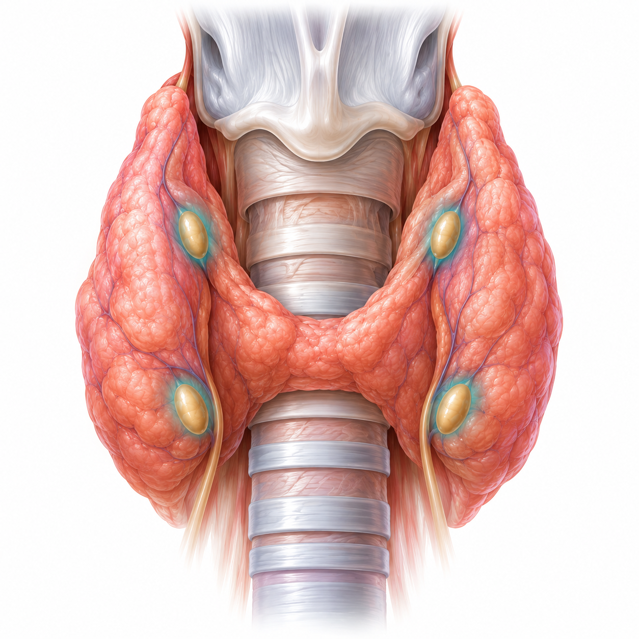 Parathyroid glands located near the posterior surface of the thyroid