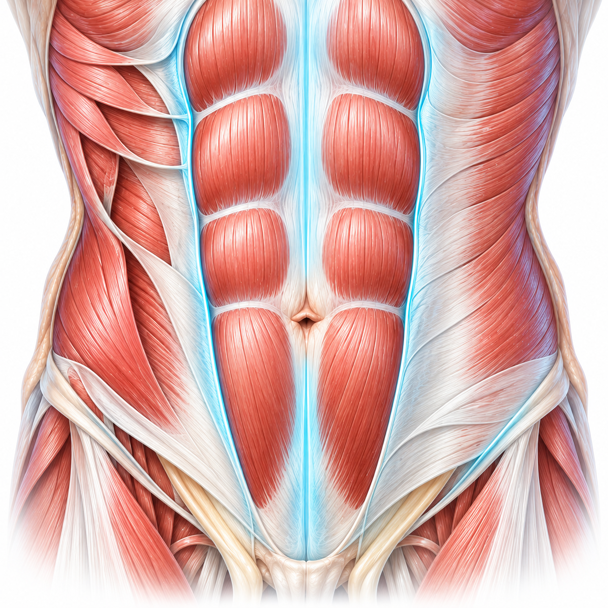 Anatomie de la paroi abdominale avec muscles droits, ligne blanche et structures fasciales