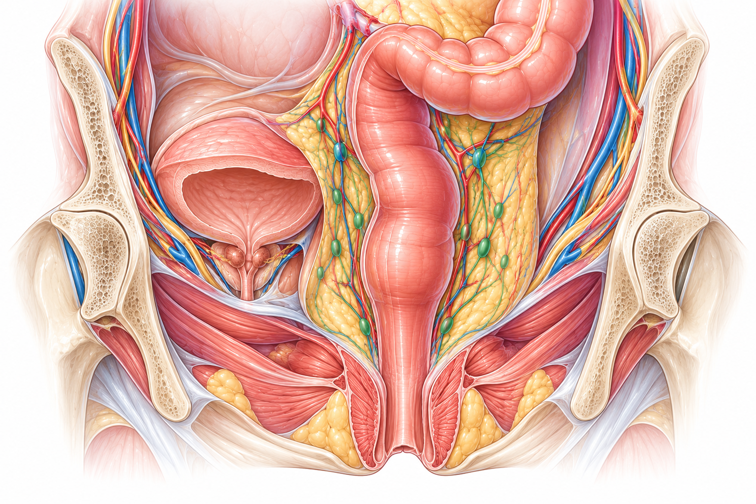 Illustration anatomique du rectum, du mésorectum et des structures du pelvis