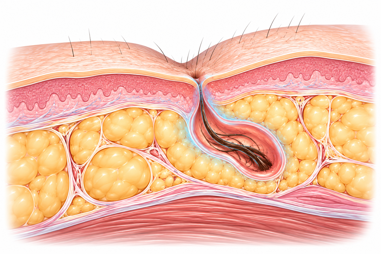 Coupe anatomique montrant un sinus pilonidal superficiel