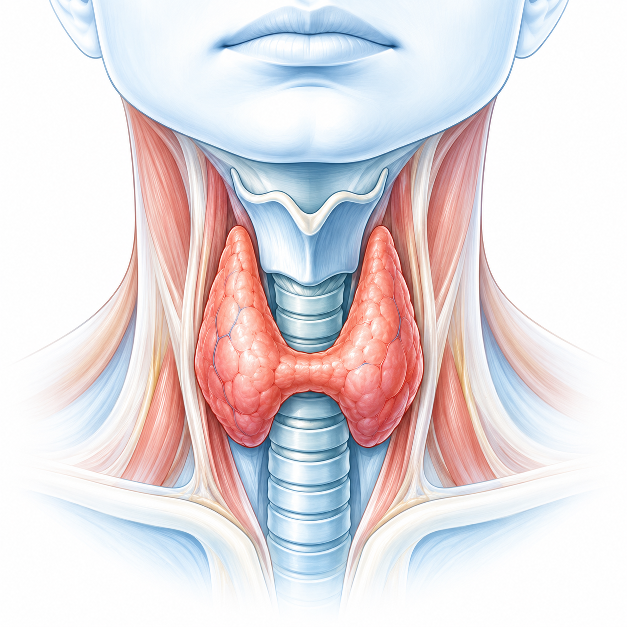 Anatomy of the thyroid gland in front of the trachea