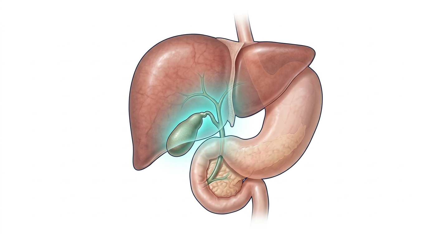 Anatomical illustration of the gallbladder, liver and main bile ducts