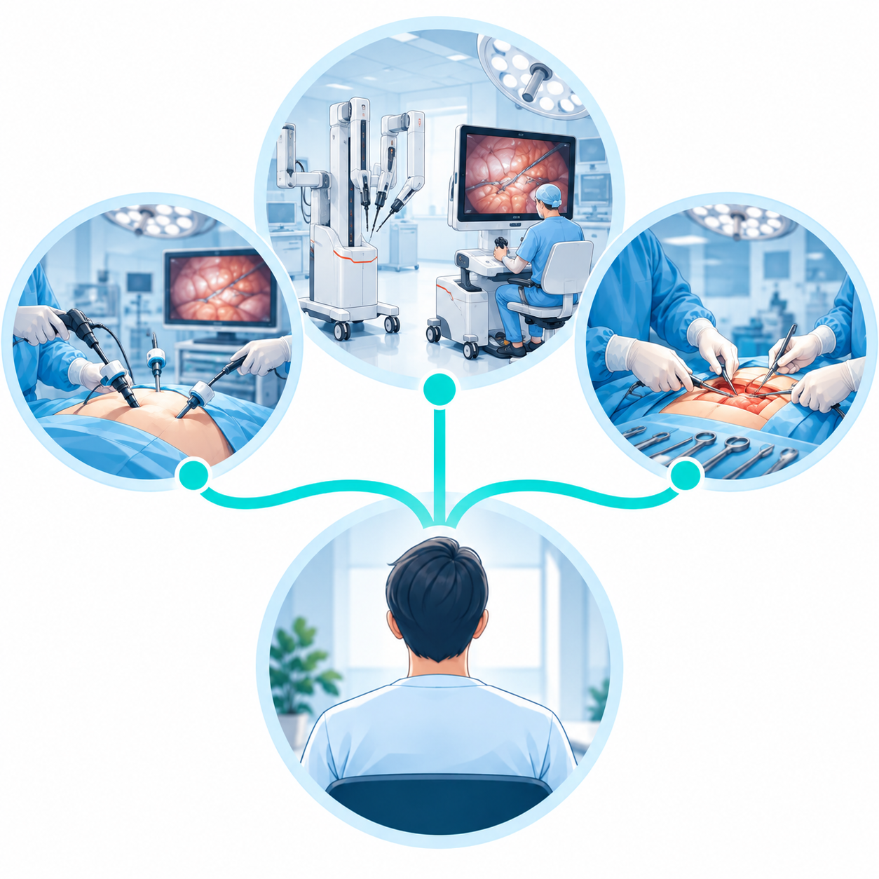 Illustration du choix personnalisé entre chirurgie laparoscopique, robot-assistée et chirurgie ouverte.