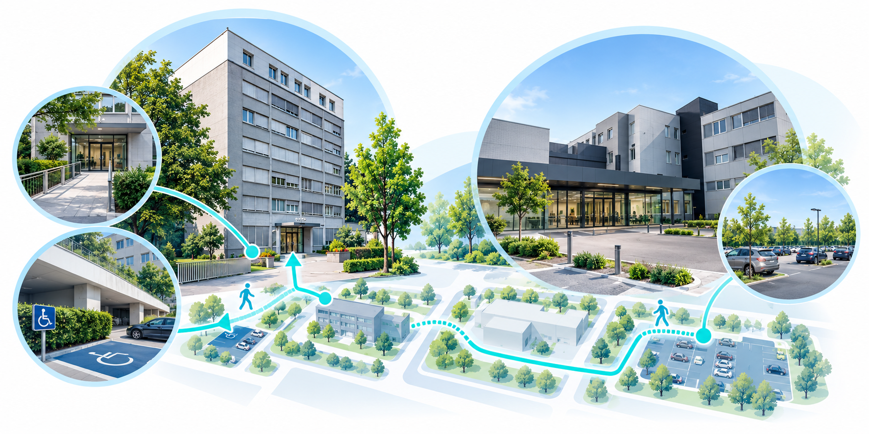 Plan illustré de l’accès au cabinet du Dr Pierre Fournier dans le bâtiment Corjon à Nyon, avec les possibilités de stationnement au Corjon et à l’Hôpital de Nyon.