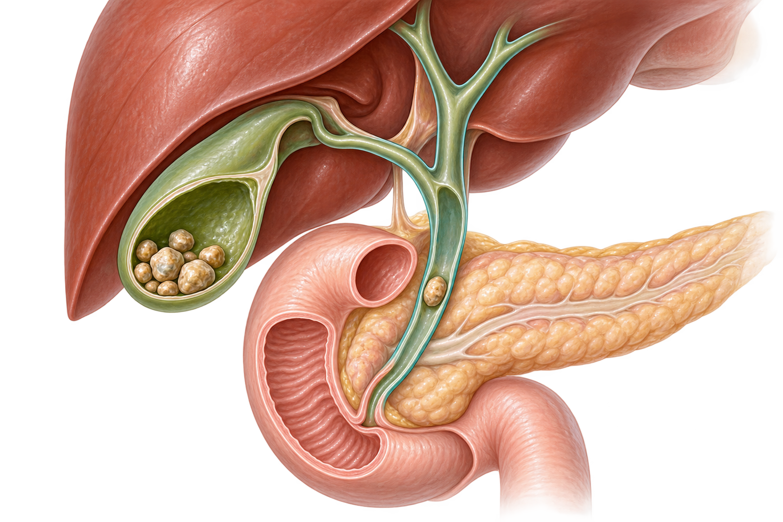 Illustration of a gallstone that has migrated from the gallbladder into the common bile duct