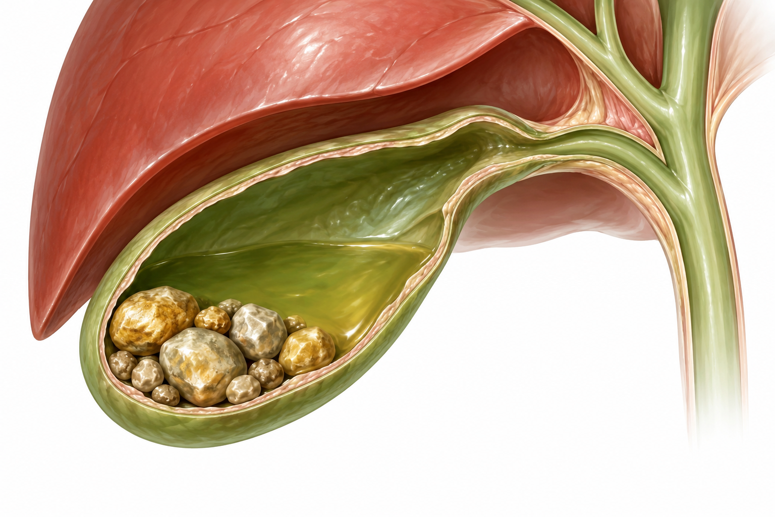Illustration of a gallbladder containing several gallstones