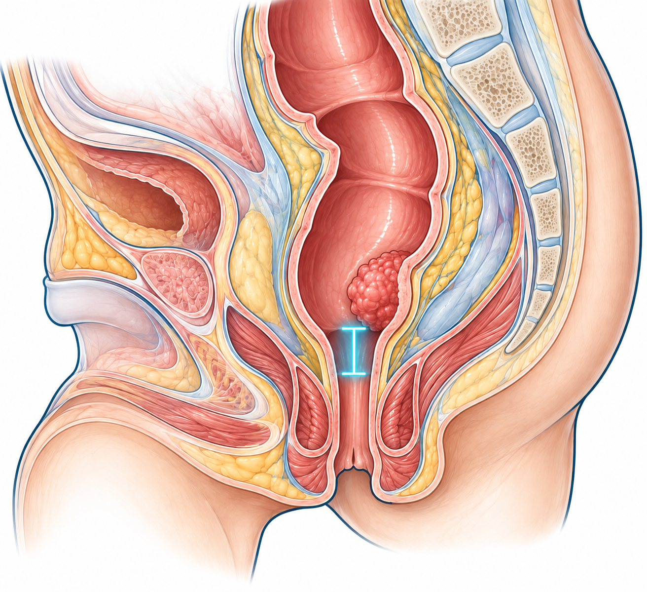 Illustration anatomique des rapports entre une tumeur basse du rectum et le sphincter anal