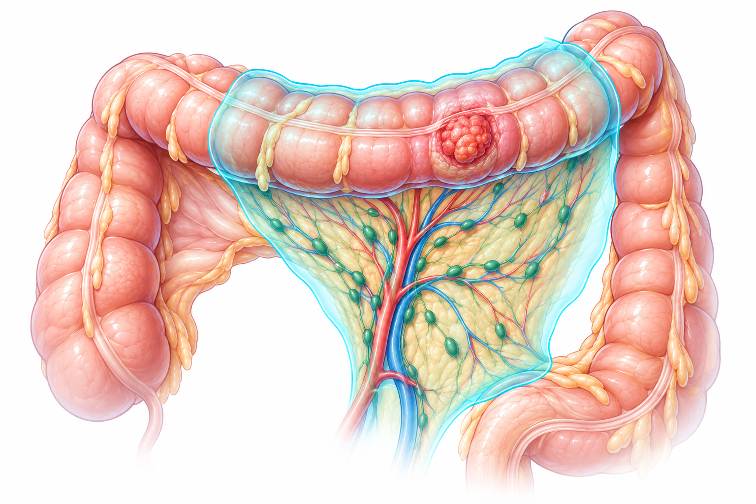 Illustration du segment de côlon et du territoire ganglionnaire retirés lors d'une chirurgie pour cancer du côlon