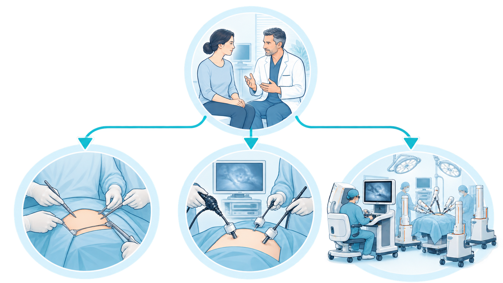 Illustration of the individualized choice between open surgery, laparoscopy and robot-assisted surgery.