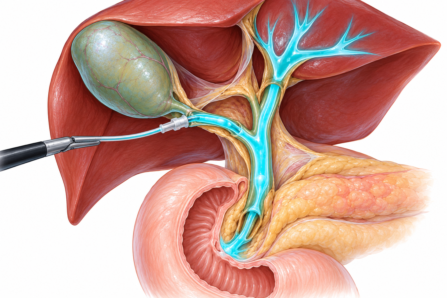 Illustration of intraoperative cholangiography with contrast agent injection into the bile ducts through the cystic duct