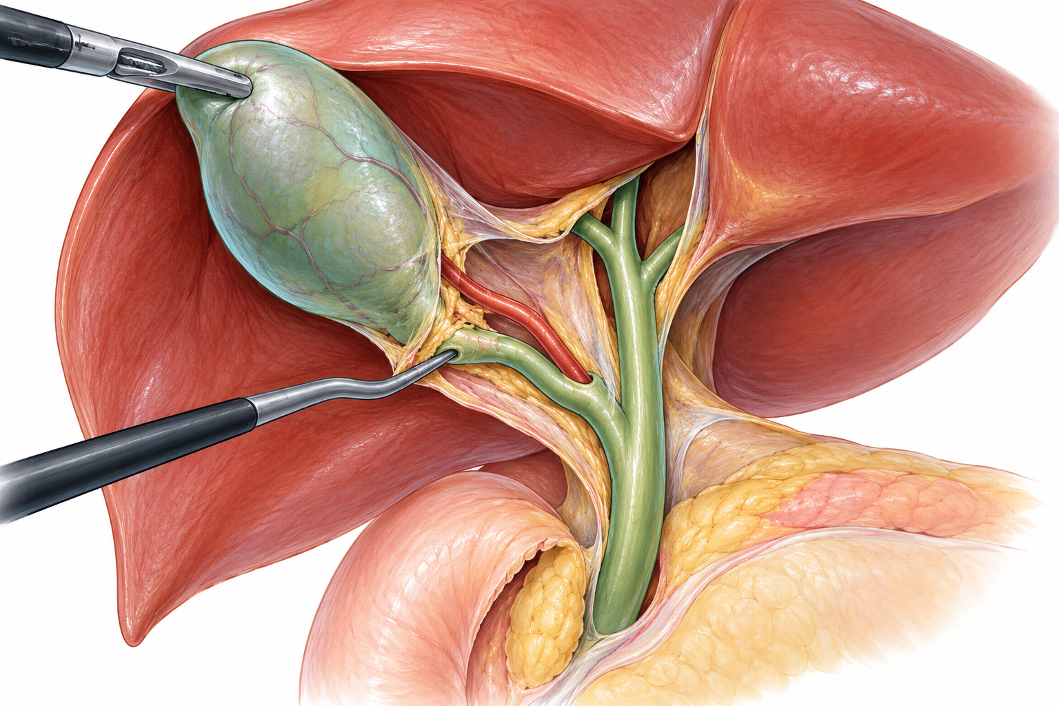 Illustration of a laparoscopic cholecystectomy with dissection of the gallbladder