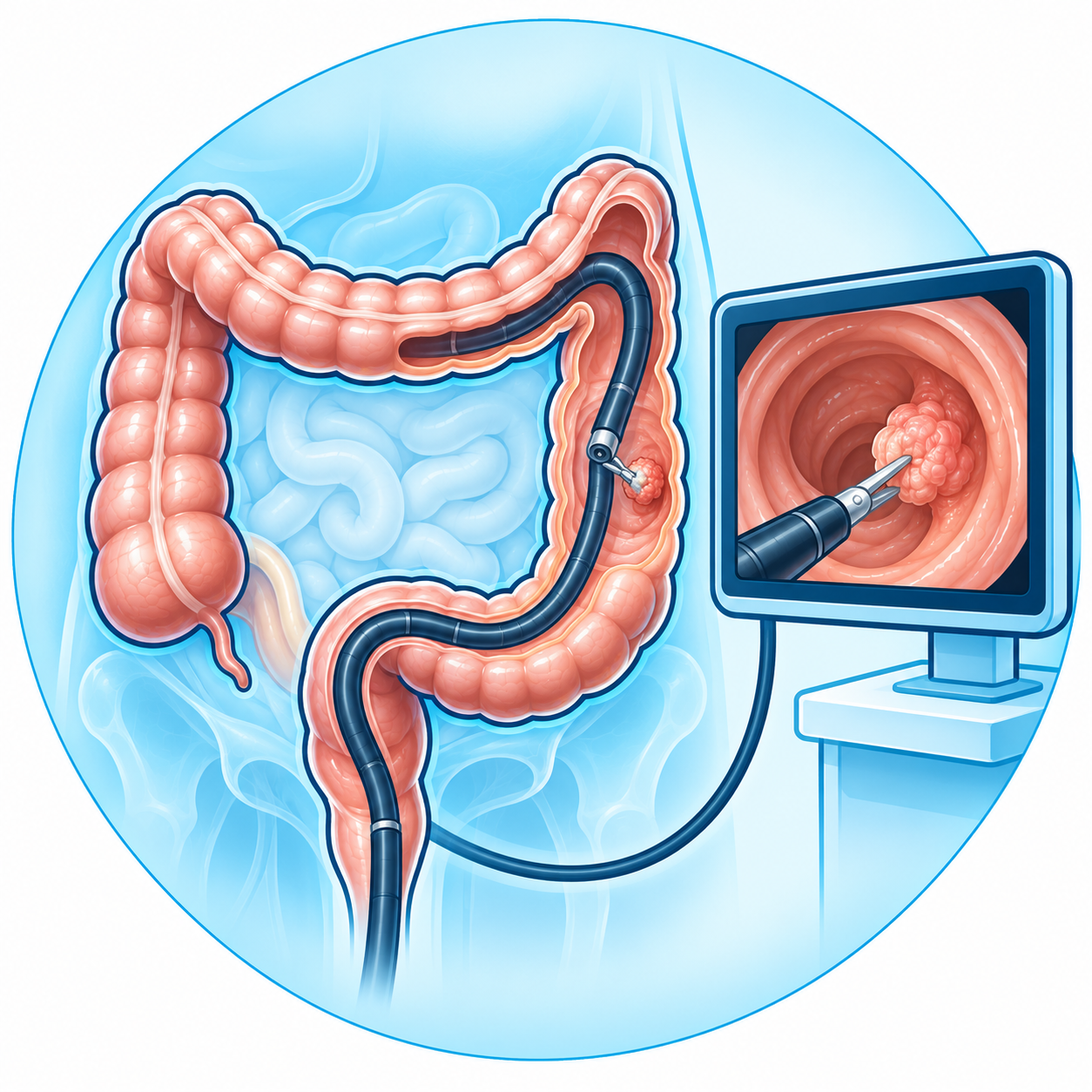 Illustration d'une coloscopie avec biopsie d'une lésion du côlon
