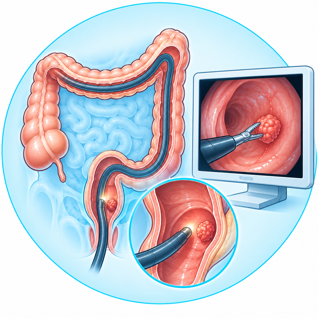 Illustration d'une coloscopie avec biopsie d'une lésion du rectum