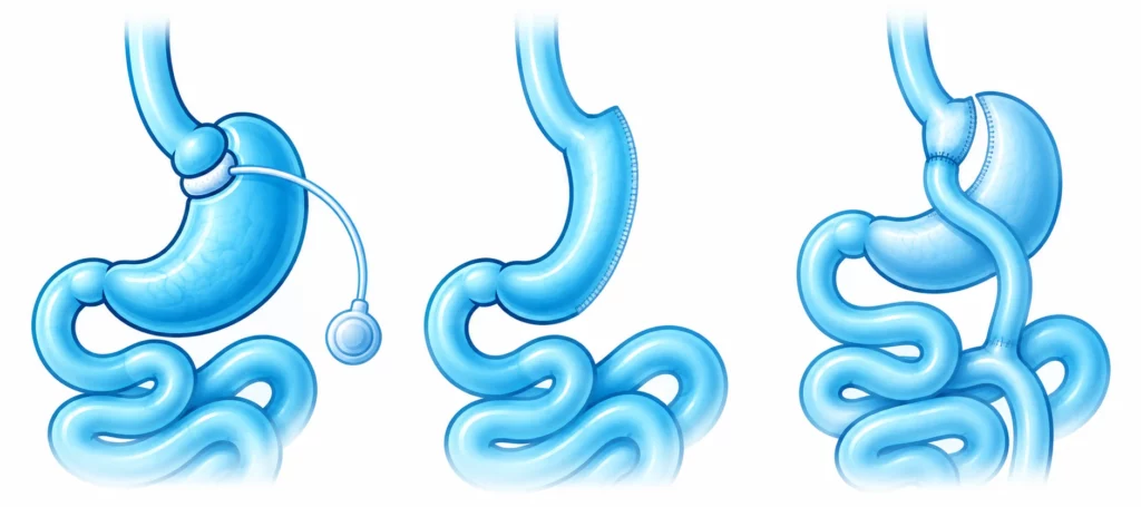 Comparaison anatomique entre anneau gastrique, sleeve gastrectomie et bypass gastrique