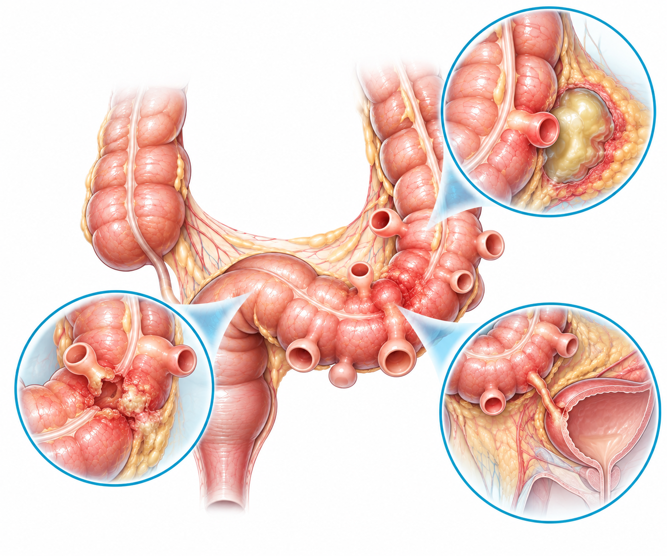 Illustration de complications possibles d'une diverticulite telles qu'un abcès, une perforation ou une fistule