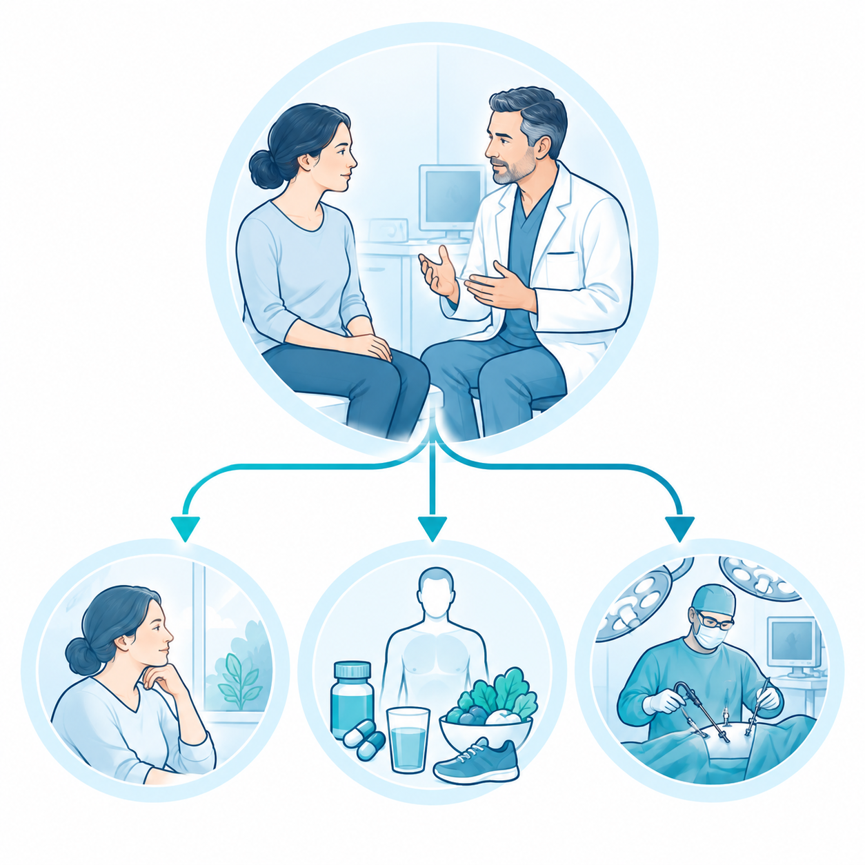 Illustration of the individualized decision in visceral surgery between monitoring, non-surgical treatment and surgical treatment.