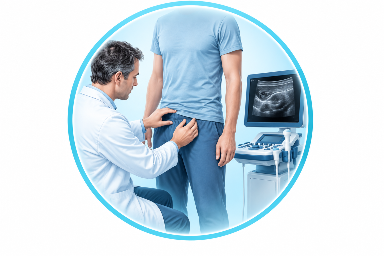 Illustration de l’examen clinique et de l’échographie dans le diagnostic d’une hernie inguinale