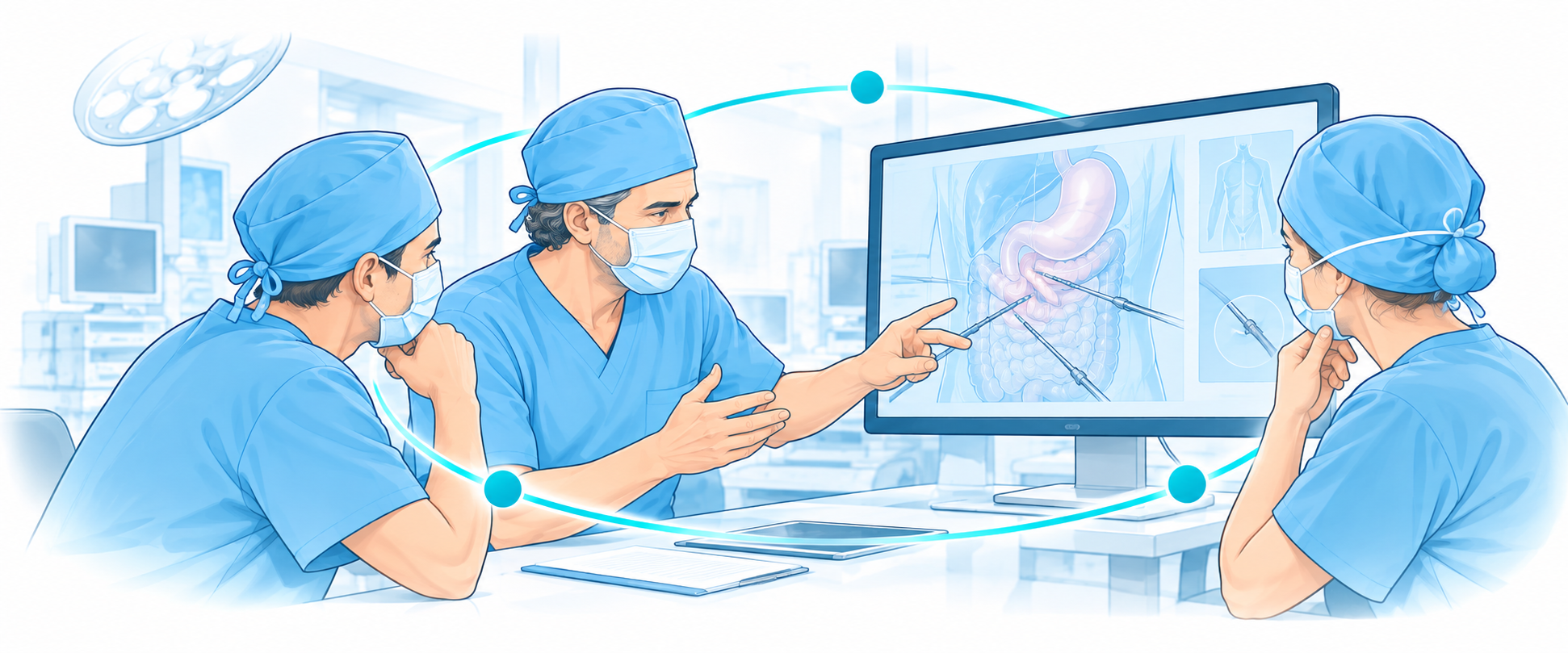 Illustration d’un échange professionnel entre chirurgiens autour d’une stratégie opératoire.