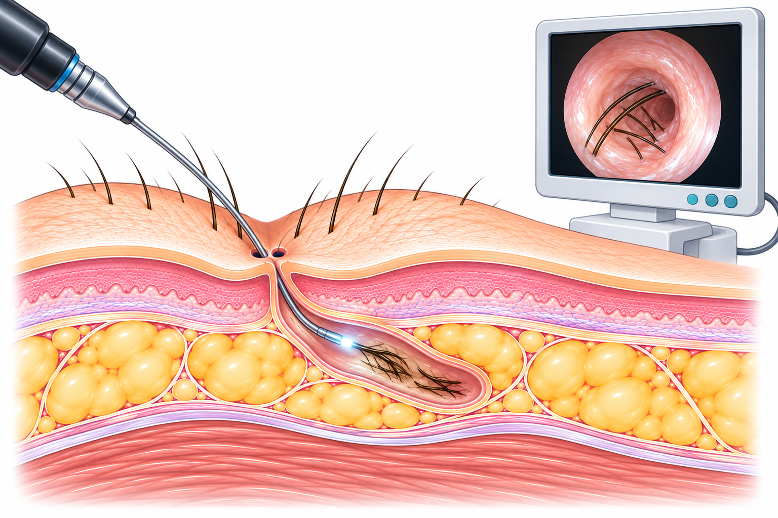 Illustration du traitement endoscopique d’un sinus pilonidal