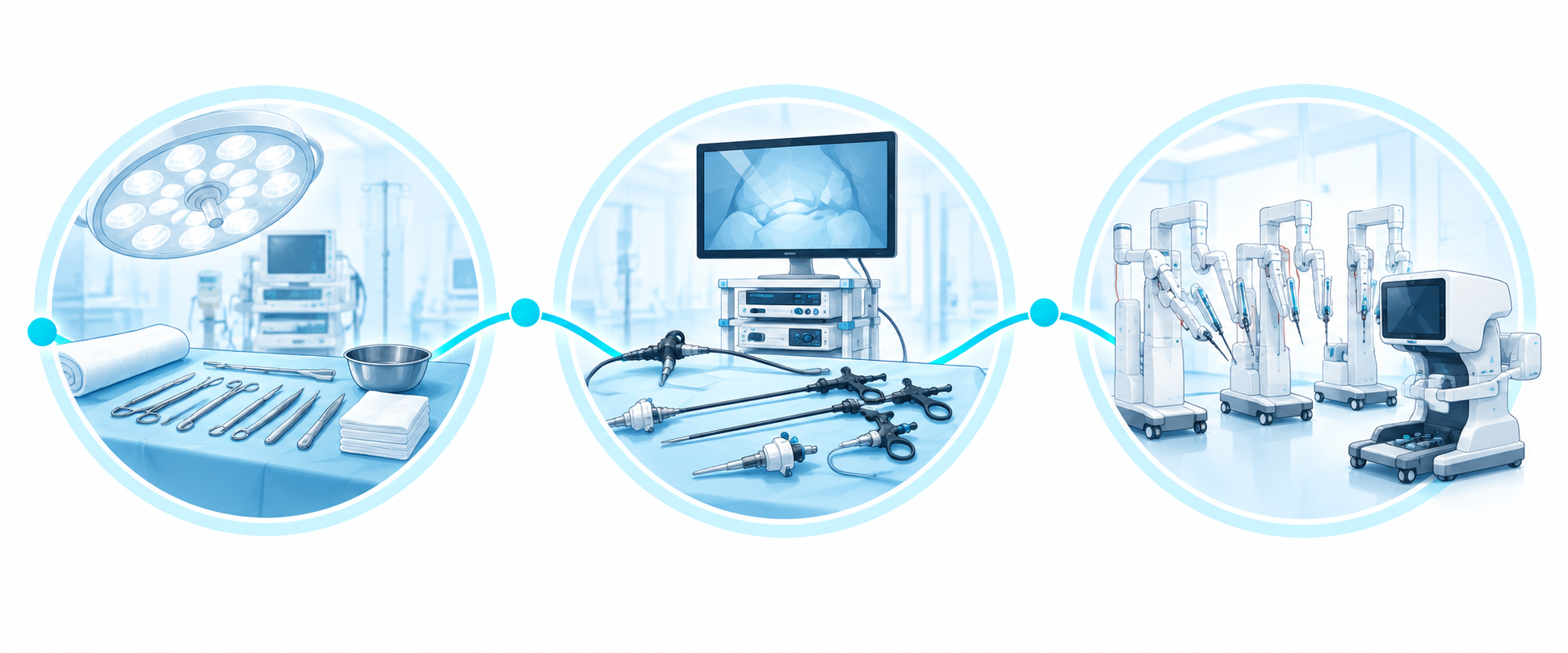 Illustration de l'évolution des techniques chirurgicales entre chirurgie conventionnelle, laparoscopie et chirurgie robot-assistée.