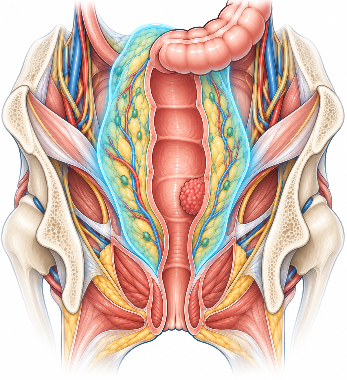 Illustration du principe de l'exérèse du mésorectum lors de la chirurgie d'un cancer du rectum