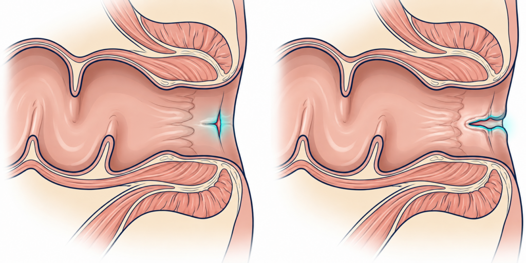 Illustration comparant une fissure anale aiguë et une fissure anale chronique