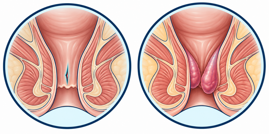 Illustration comparant une fissure anale et une maladie hémorroïdaire interne