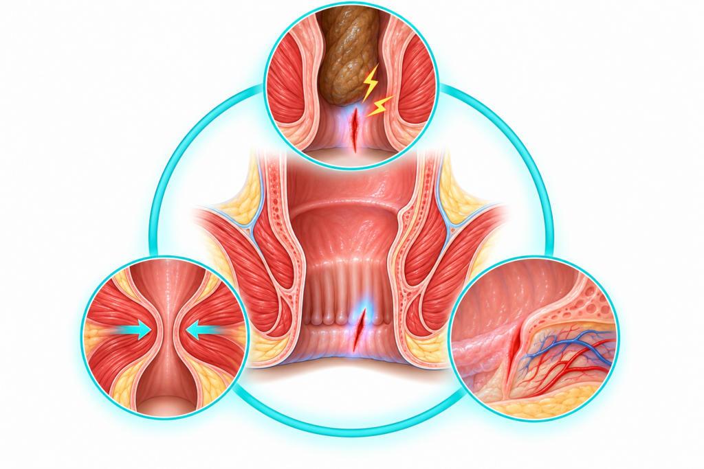 Illustration du cercle entre fissure anale, douleur, spasme du sphincter et difficulté de cicatrisation