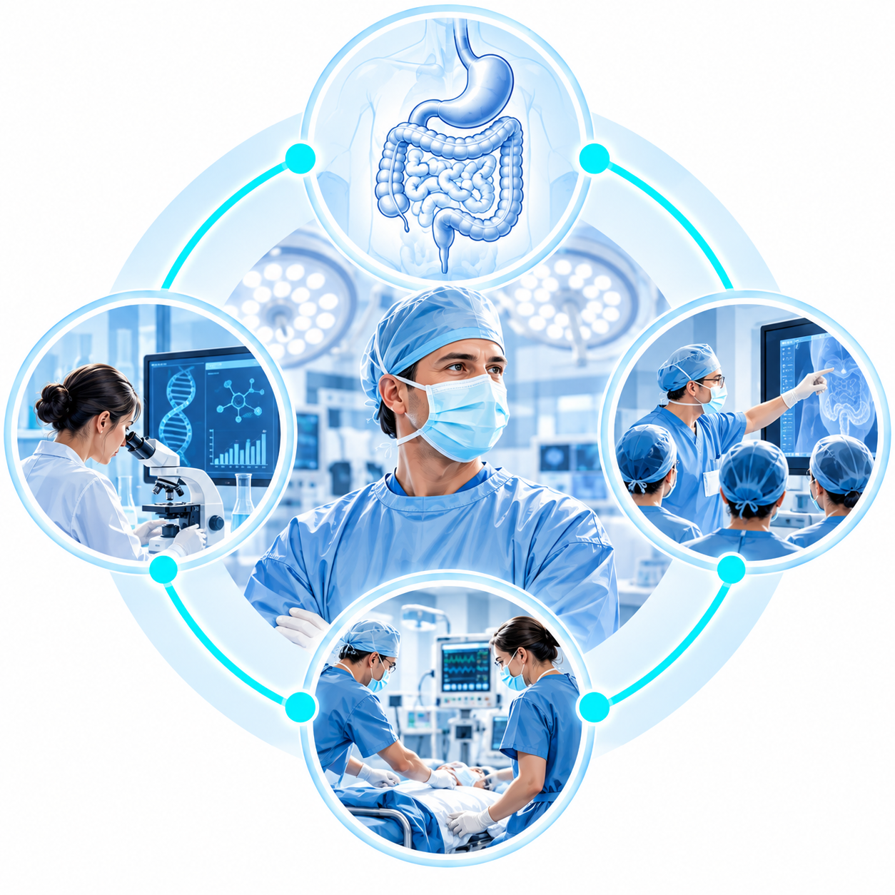 Illustration des différentes dimensions de la formation chirurgicale : pratique clinique, recherche, enseignement et urgences.