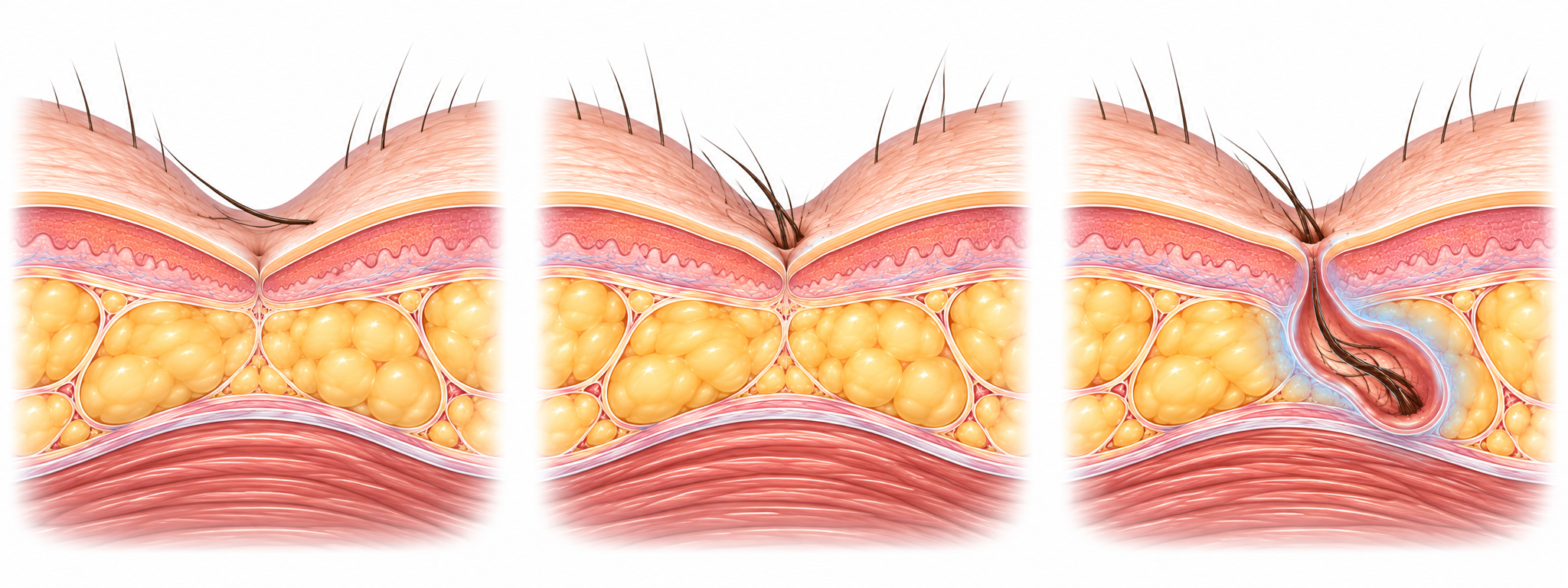 Illustration du mécanisme de formation d’un sinus pilonidal