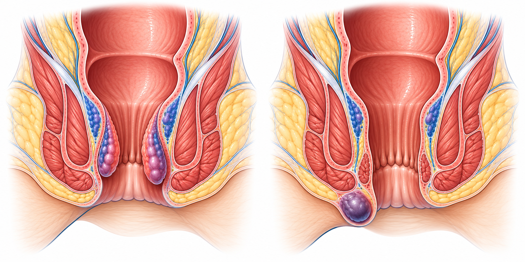 Illustration comparant maladie hémorroïdaire interne et thrombose hémorroïdaire externe