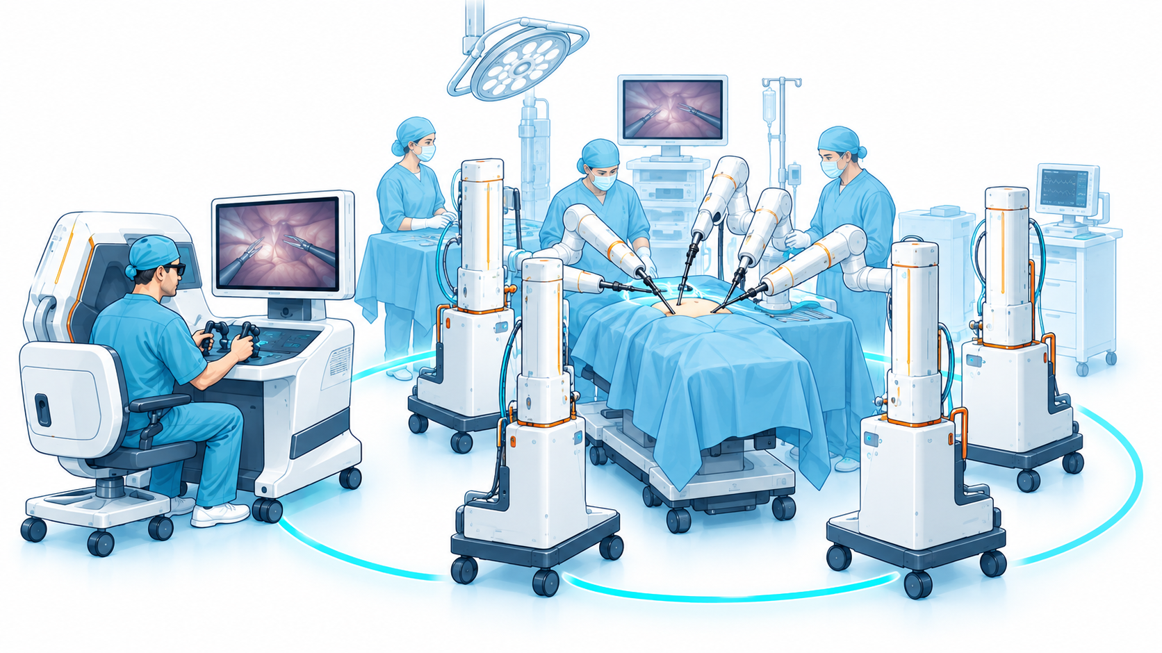 Illustration of the modular architecture of the Hugo RAS system with several robotic arms mounted on independent carts around the operating table.