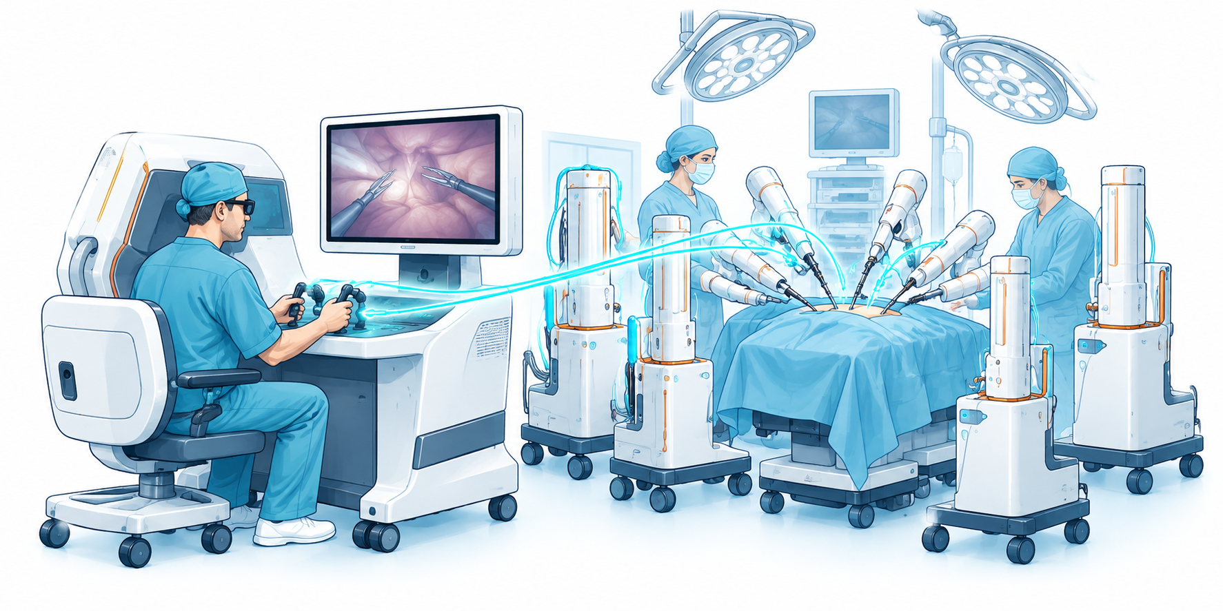 Illustration of the Hugo RAS system showing the surgeon controlling the robotic instruments from an open console.