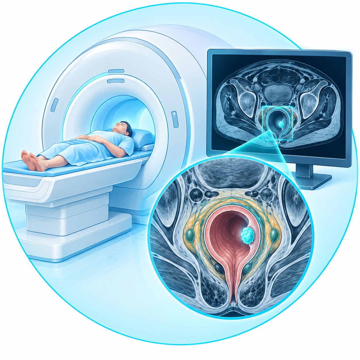 Illustration de l'IRM pelvienne utilisée pour évaluer un cancer du rectum