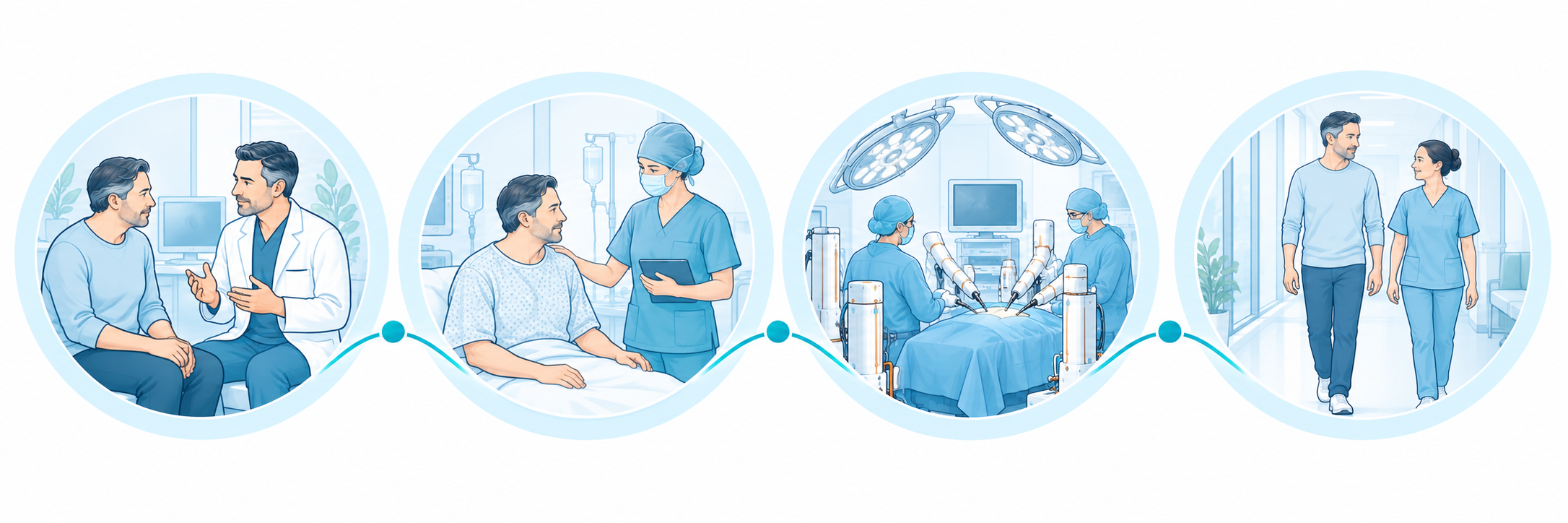 Illustration of a patient’s journey from consultation and preoperative preparation through the operation and postoperative recovery.
