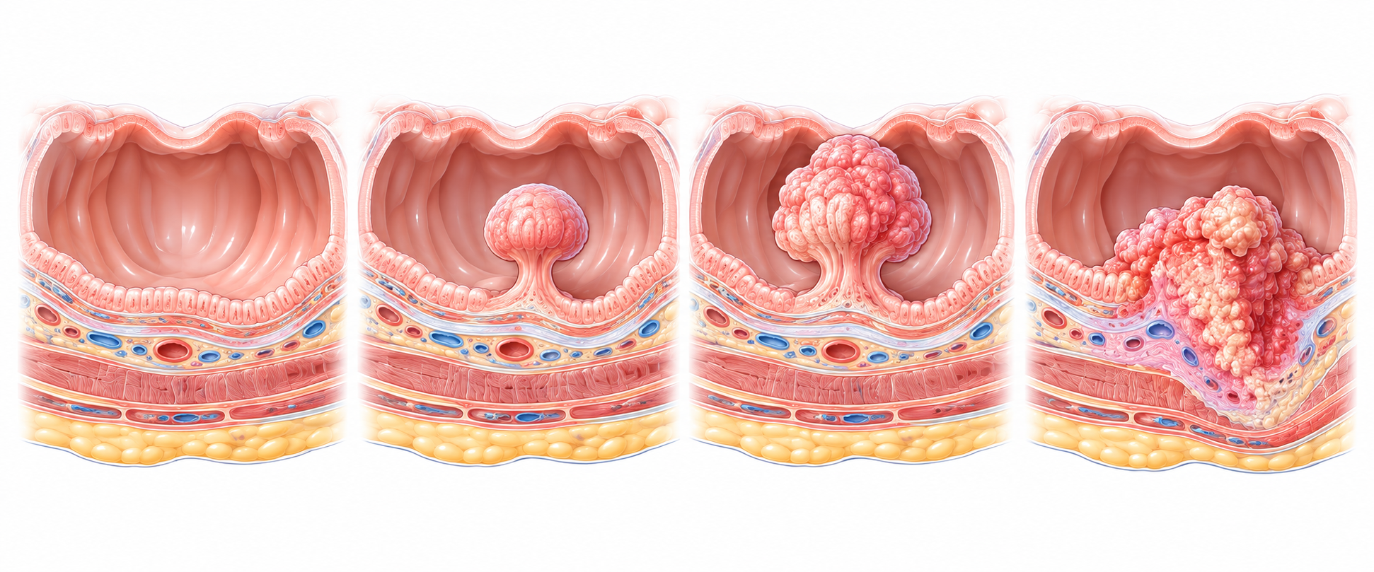 Illustration pédagogique de l'évolution possible d'un polype colique vers un cancer invasif