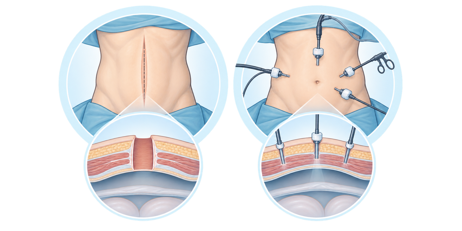 Educational diagram comparing conventional abdominal access with the access routes used in minimally invasive surgery.