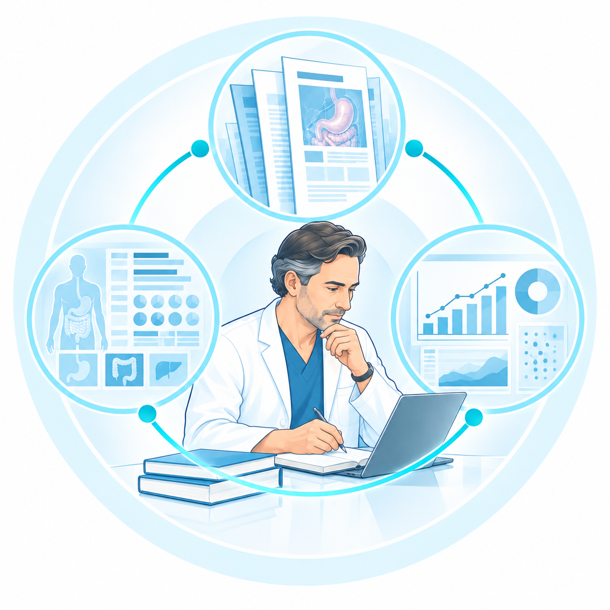 Illustration de la recherche clinique et de l’analyse scientifique des pratiques en chirurgie viscérale.