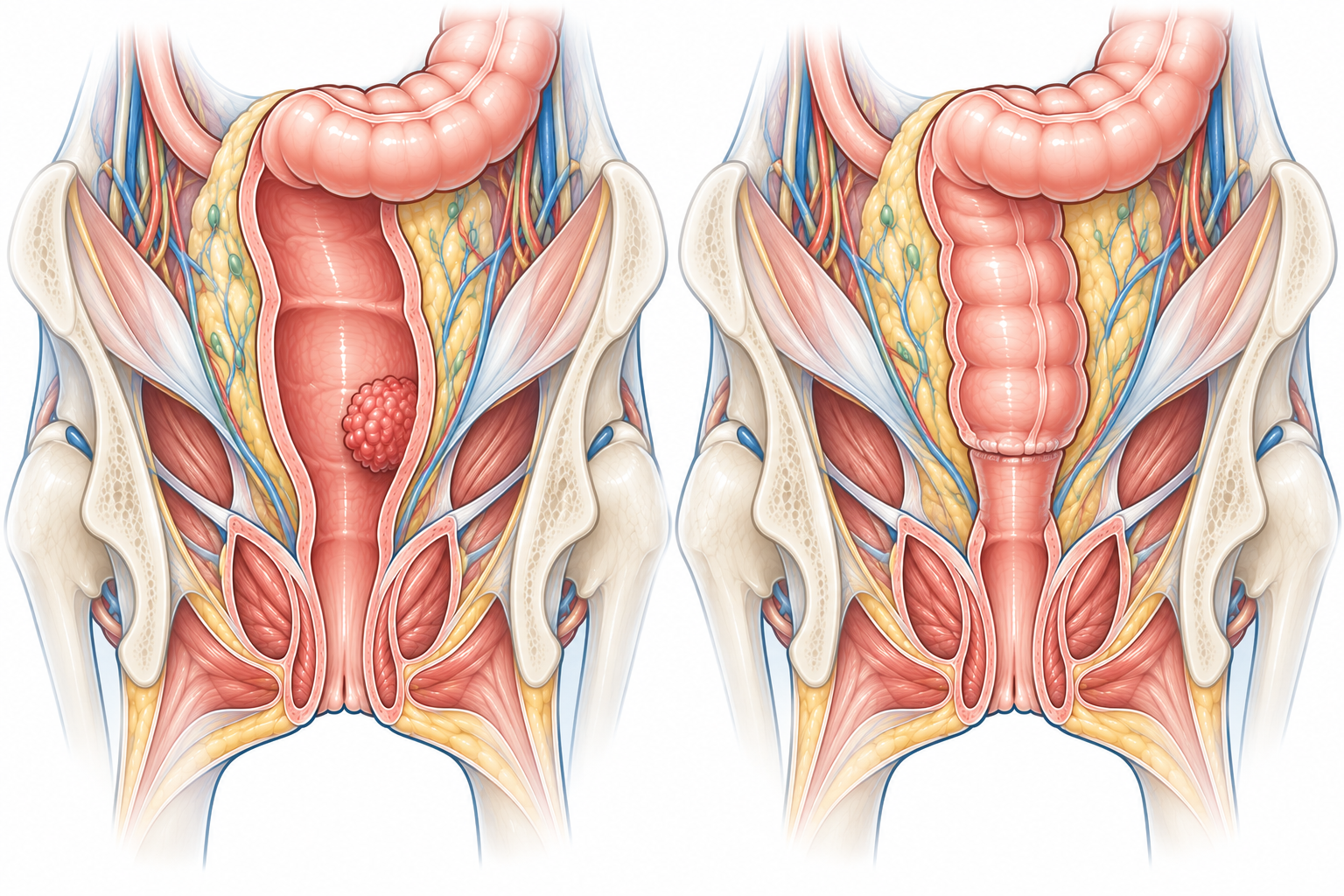 Illustration avant et après une résection rectale avec rétablissement de la continuité digestive