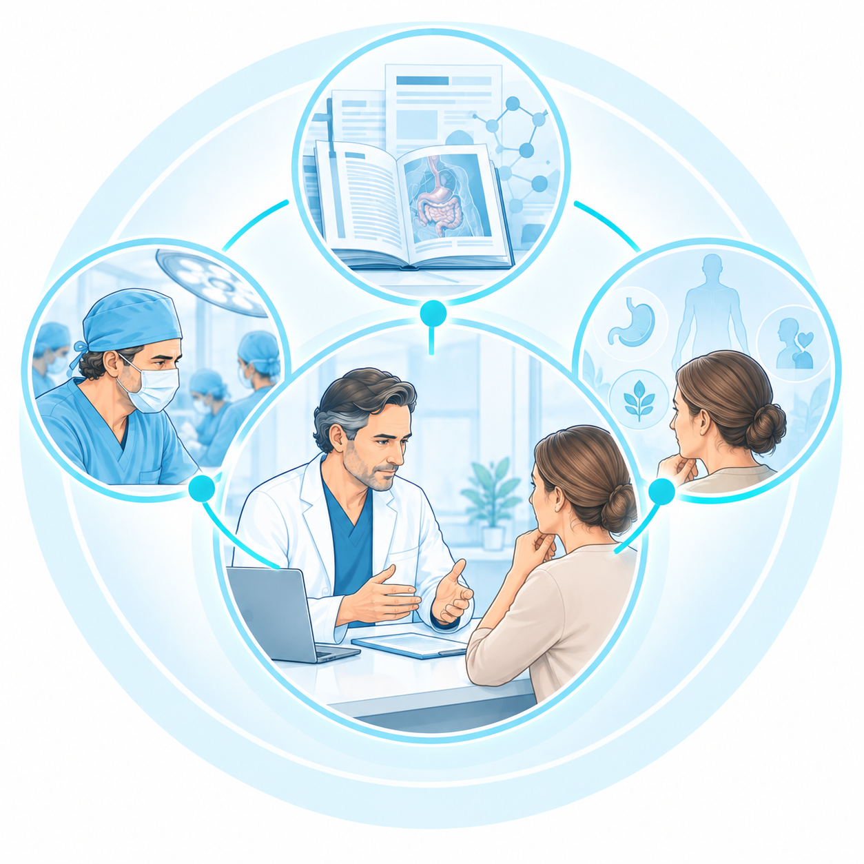 Illustration associant données scientifiques, expérience clinique et situation individuelle du patient dans la décision médicale.