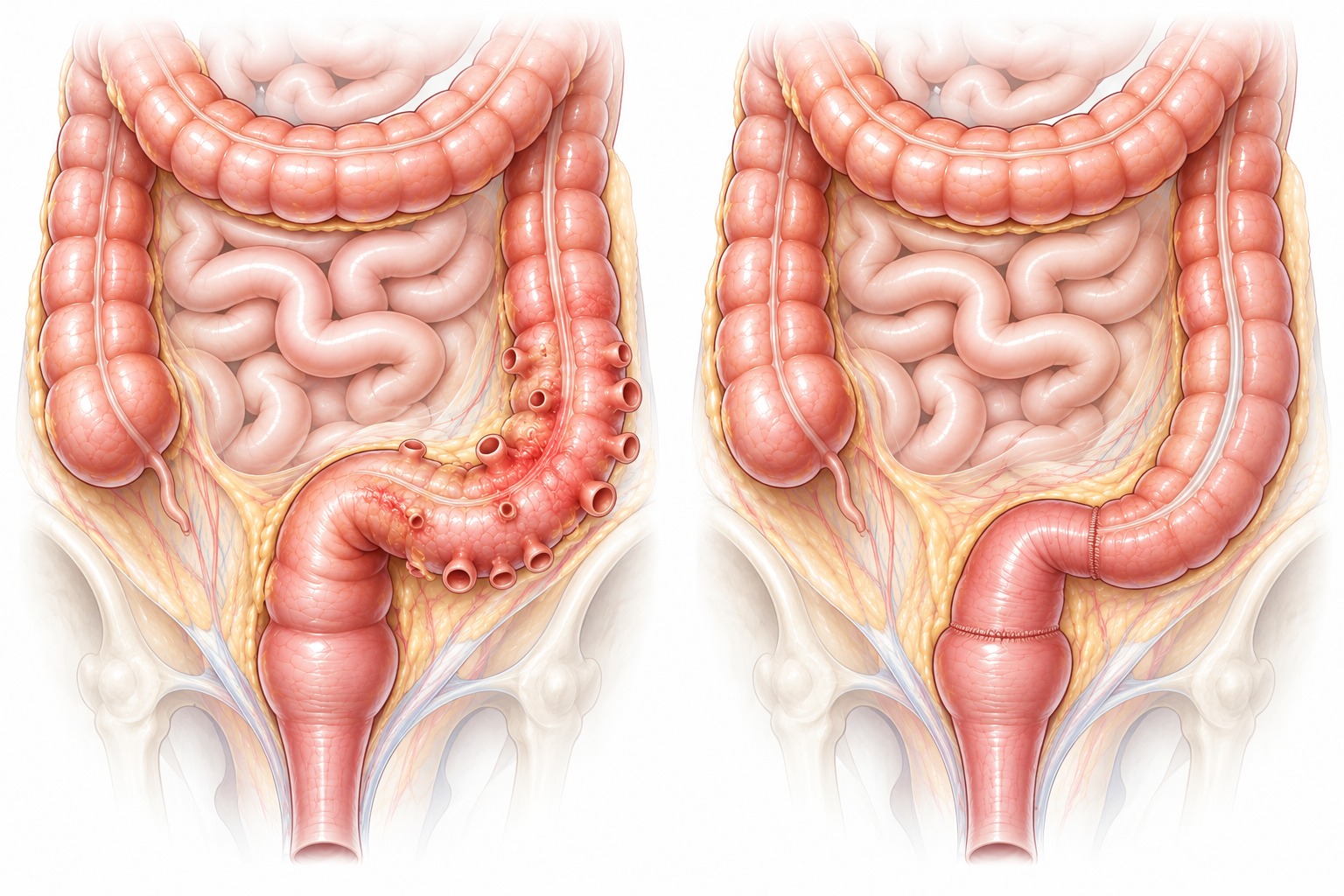 Illustration anatomique avant et après une sigmoïdectomie pour maladie diverticulaire
