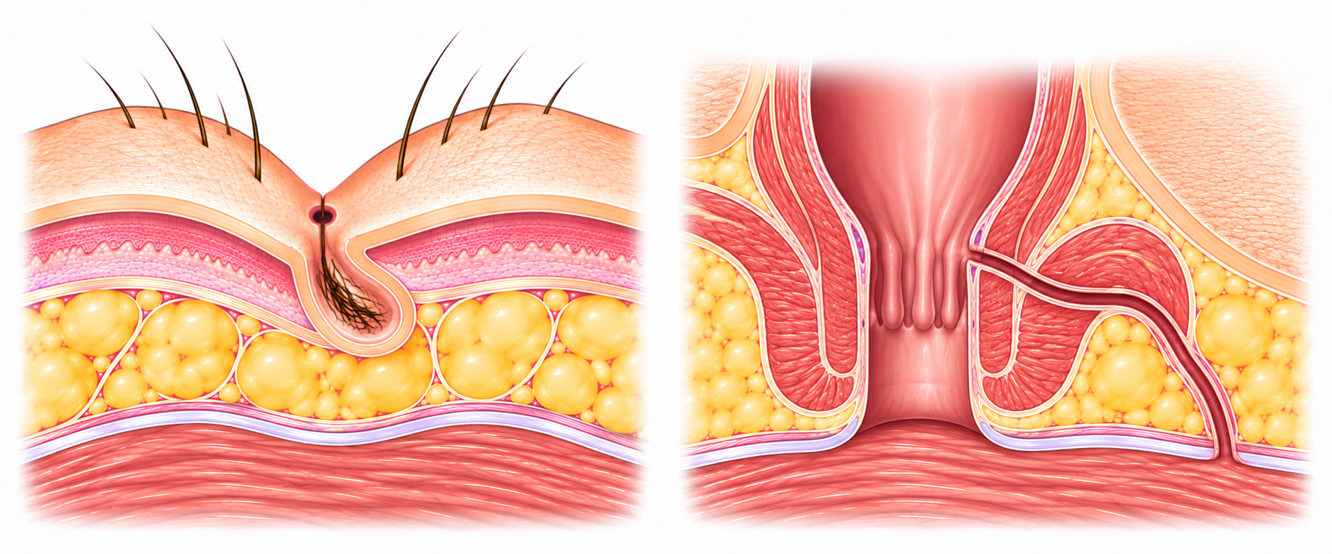 Comparaison anatomique entre un sinus pilonidal et une fistule anale