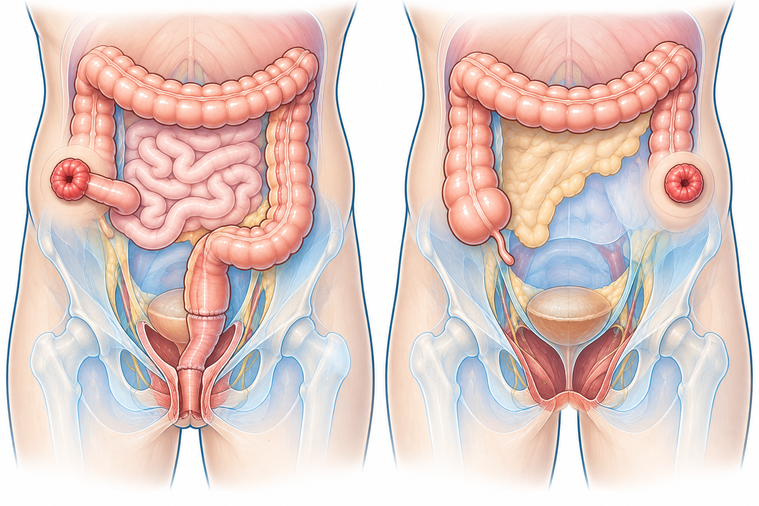 Illustration d'une stomie temporaire de protection et d'une colostomie définitive après chirurgie rectale