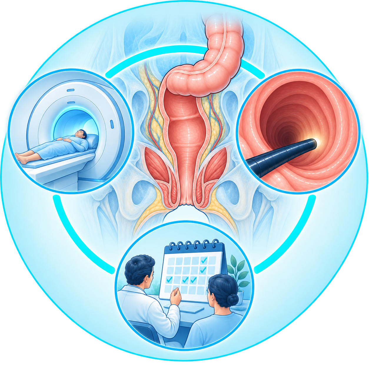 Illustration de la surveillance intensive pouvant être proposée après réponse clinique complète d'un cancer du rectum