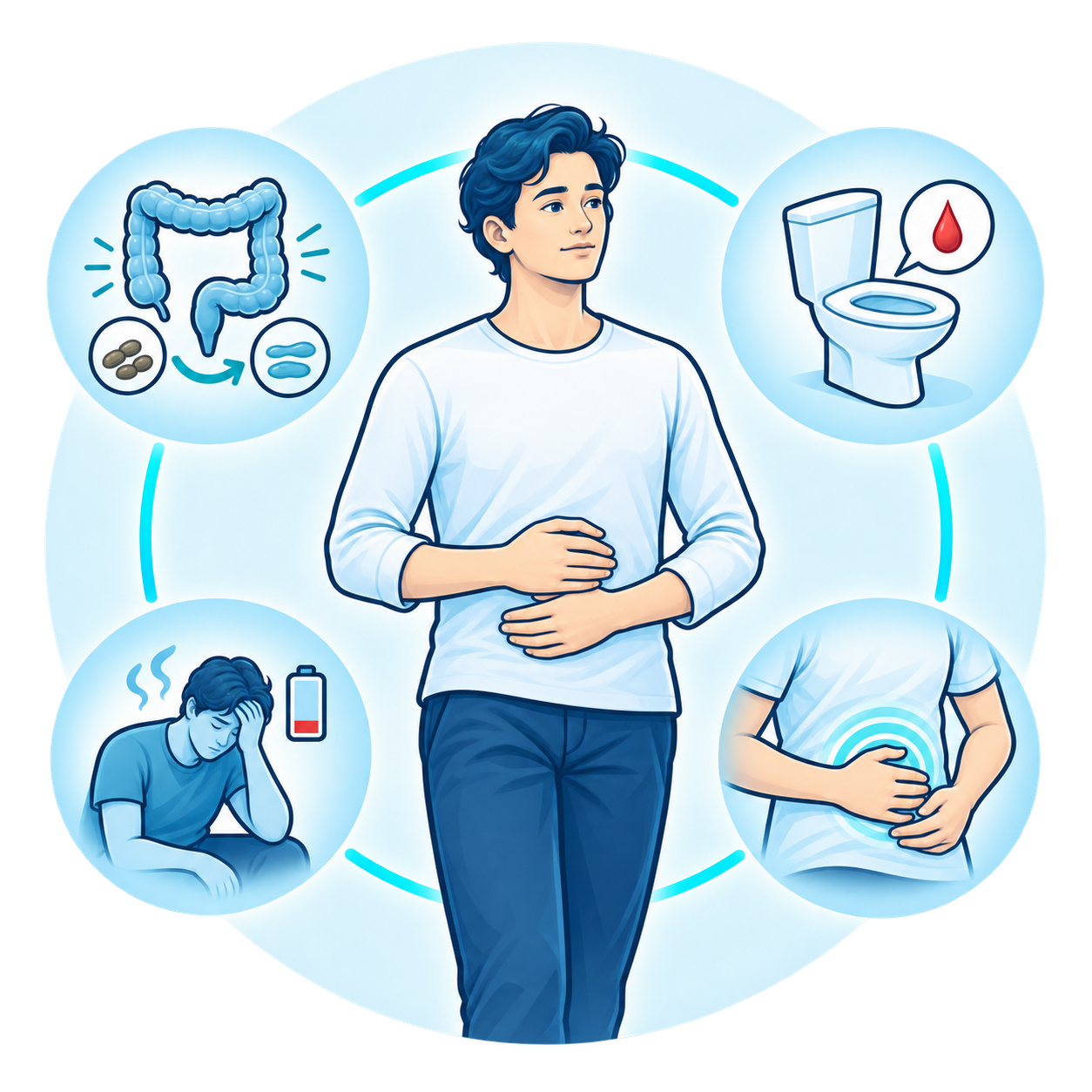 Illustration des symptômes pouvant conduire au diagnostic d'un cancer du côlon