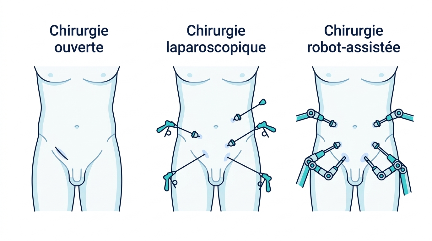 Illustration des approches laparoscopique et robot-assistée pour la chirurgie de la hernie hiatale